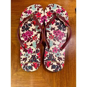NWOT Tory Burch Flip Flops Sandals Slippas Floral TB Emblem Maroon Thick Sole W9